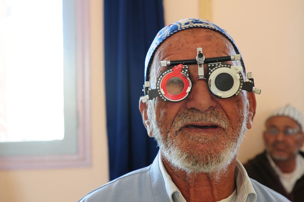 A Moroccan man has his eyes checked at a Humanitarian Civil Assistance site during exercise African Lion 2012 in Sidi Mussa…