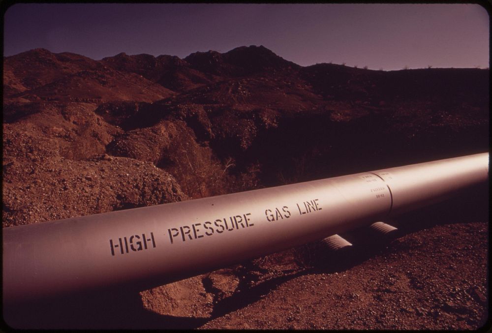 Land section of high pressure gas line that crosses the Colorado River, May 1972. Photographer: O'Rear, Charles. Original…