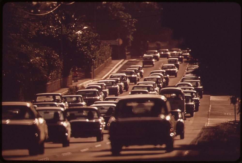 Morning rush hour traffic to Honolulu from the east on Kalanianaole Highway, October 1973. Photographer: O'Rear, Charles.…