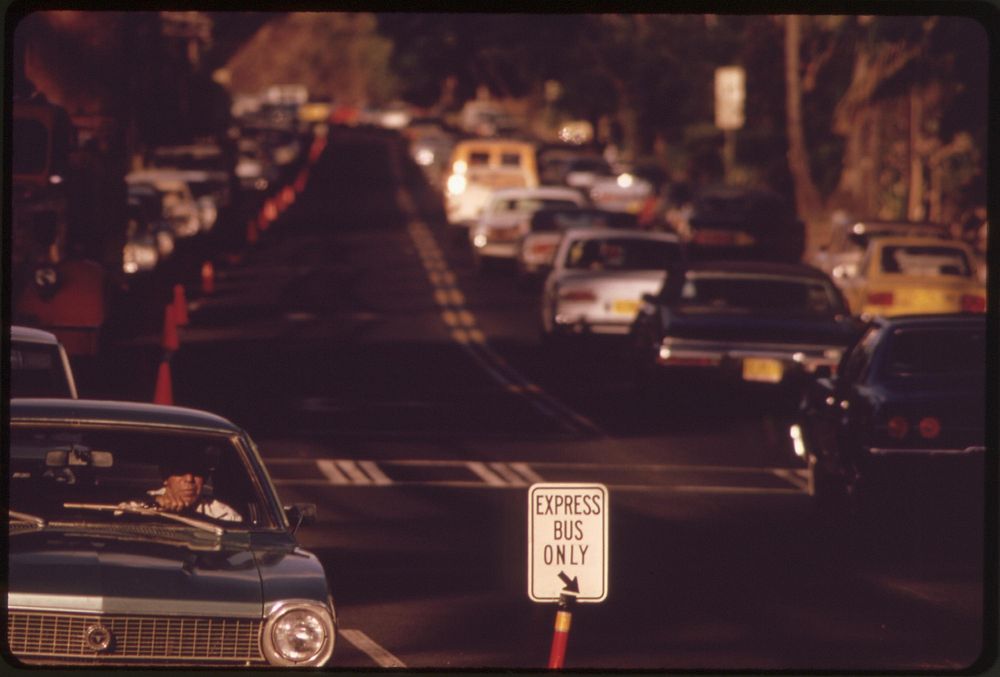 Morning rush hour traffic to Honolulu from the east on Kalanianaole Highway. Clear (reverse flow) lane is reserved for…