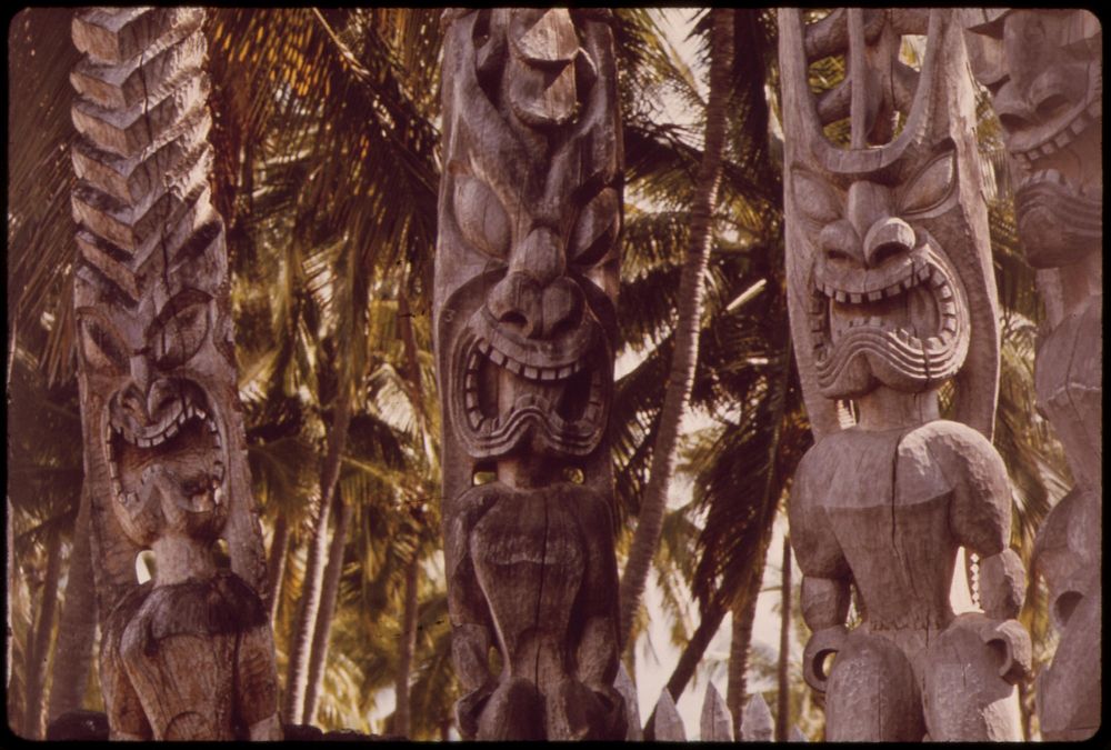 Ancient statues in City of Refuge National Historical Park near Honaunau on the western side of the island, November 1973.…