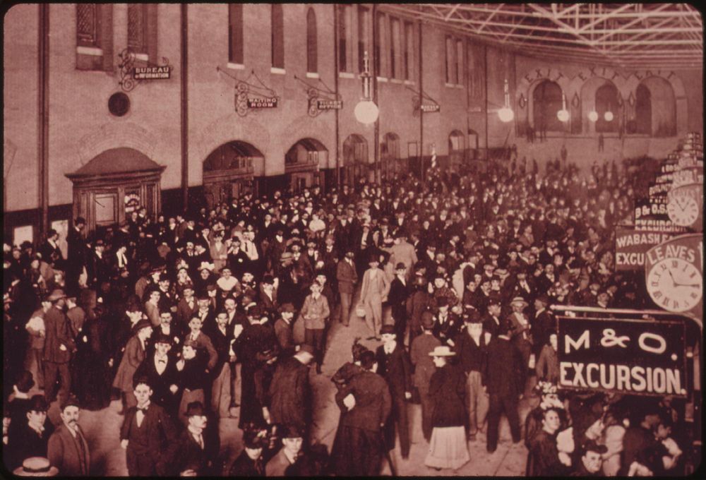 Passengers jam the interior of the St. Louis, Missouri, Union Station in a copyrighted picture taken by B.A. Atwater in 1895…