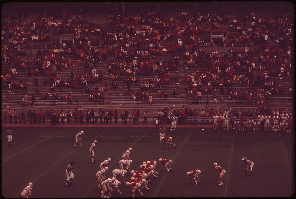 A big annual event is the spring football game at the University of Nebraska, May 1973. Photographer: O'Rear, Charles.…