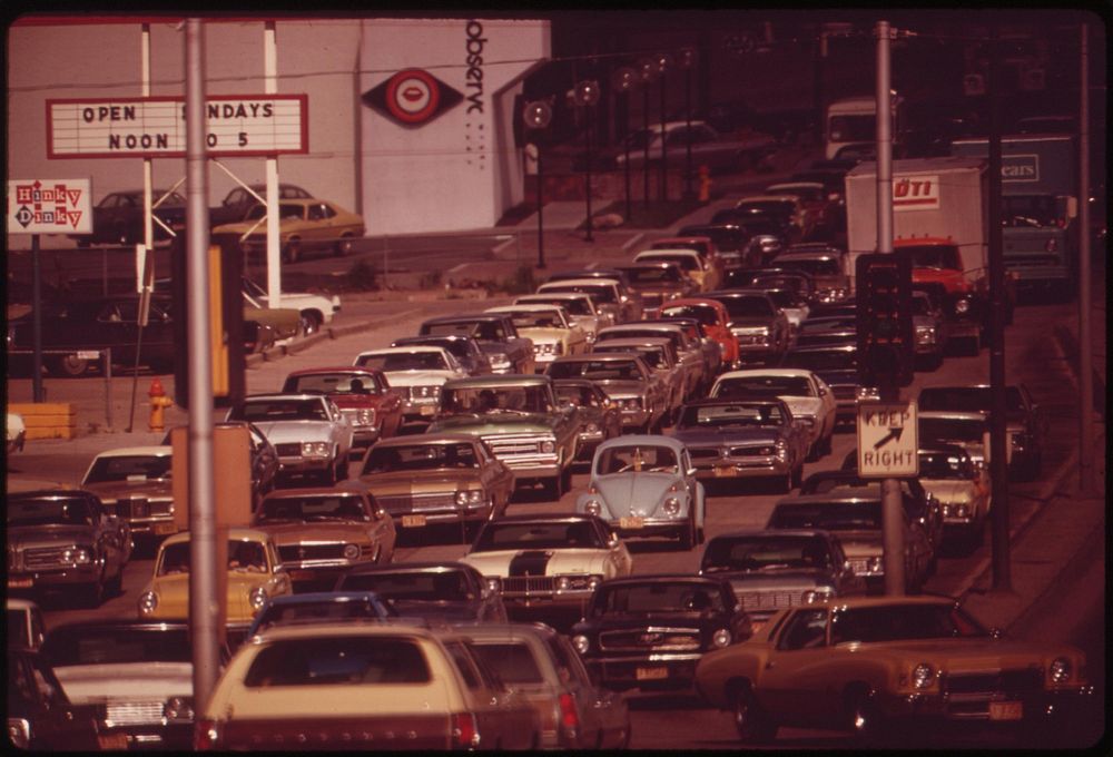 Traffic jam on Dodge Street, one of the city's main thoroughfares, May 1973. Photographer: O'Rear, Charles. Original public…