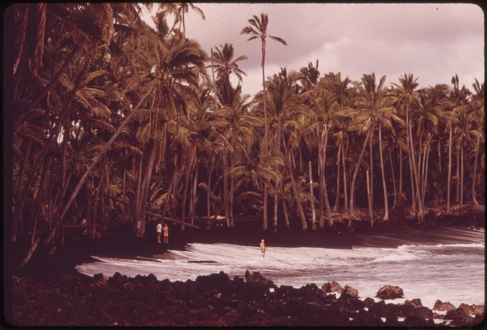 Famous Black Sand Beach at Kaimu, created by lava runoff, is a favorite tourist stop, November 1973. Photographer: O'Rear…