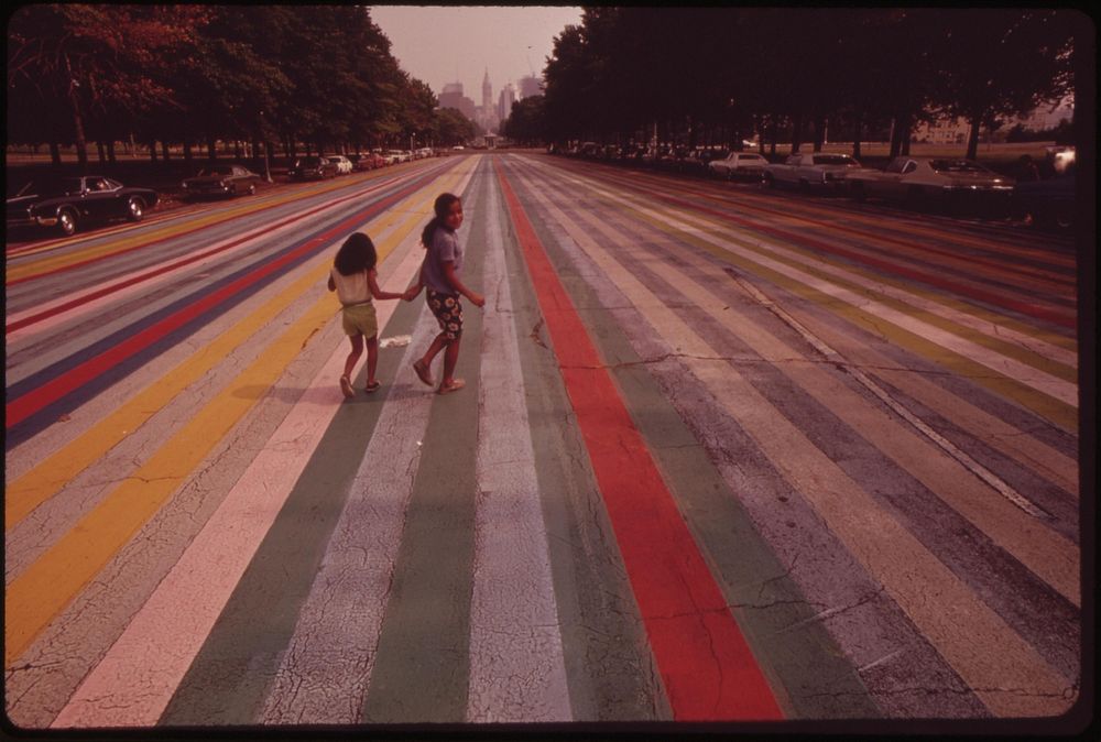 Crossing The Painted Road Which Extends East From The Philadelphia Museum Of Art, August 1973. Photographer: Swanson, Dick.…