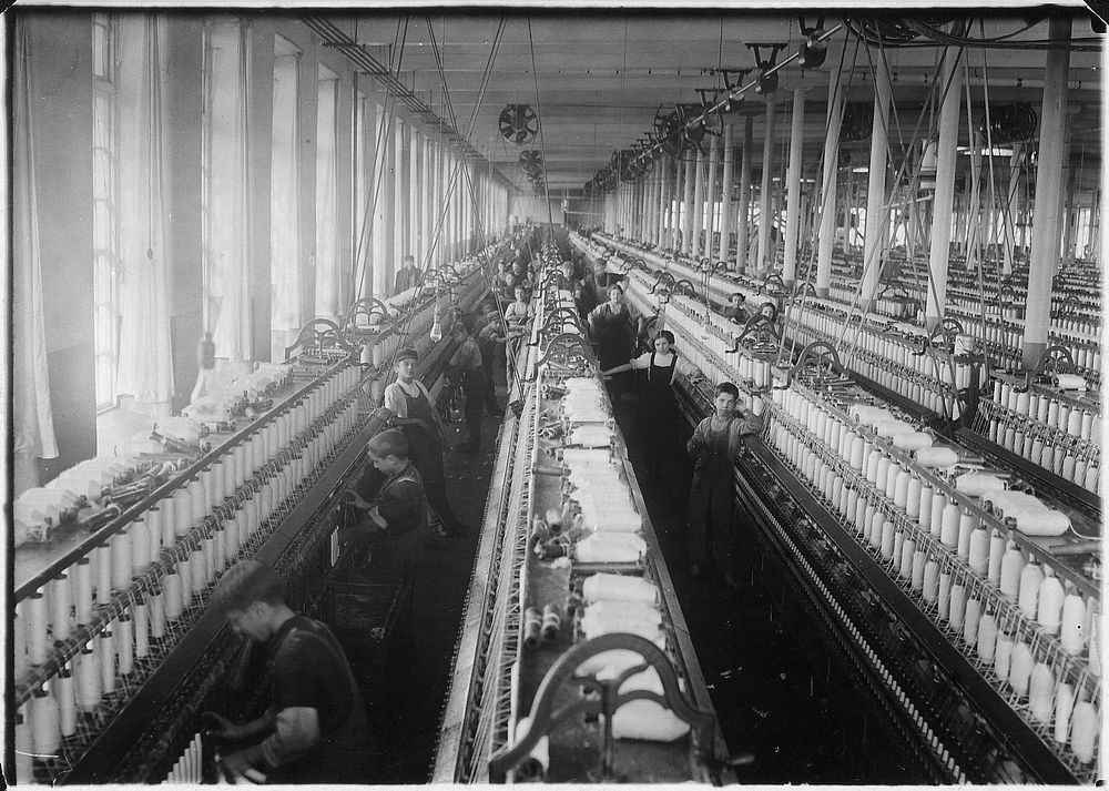General view of spinning room, Cornell Mill, Fall River, Mass, January 1912. Photographer: Hine, Lewis. Original public…