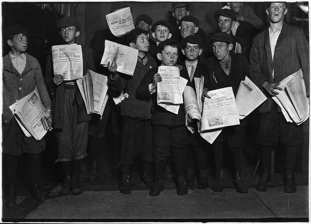 After midnight selling extras. There were many young boys selling very late these nights. Washington, D.C, April 1912.…