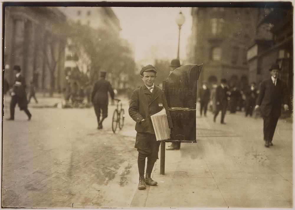 Joseph O'Conner, a 12 year old truent, selling extras during school hours, April 1912. Photographer: Hine, Lewis. Original…