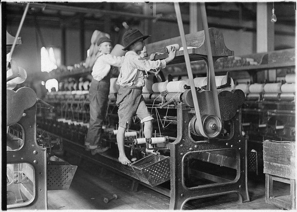 Many youngsters here. Some boys and girls were so small they had to climb up on to the spinning frame to mend broken threads…