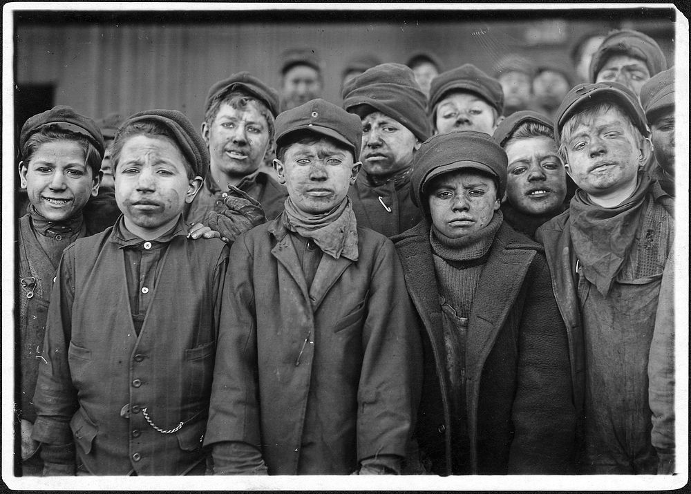Breaker boys. Smallest is Angelo Ross. Hughestown Borough Coal Co. Pittston, Pa, January 1911. Photographer: Hine, Lewis.…