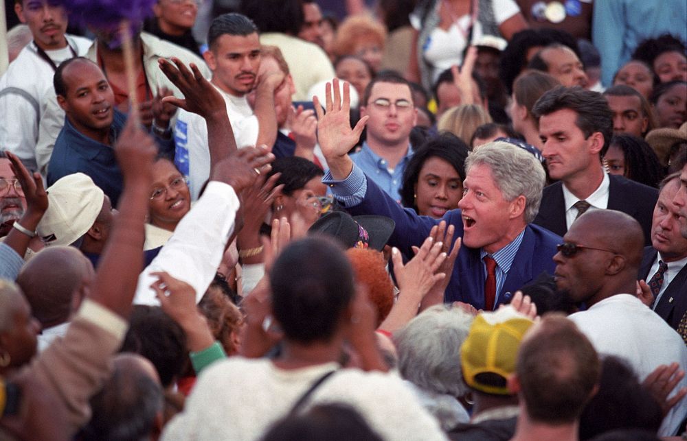 Photograph of President William Jefferson Clinton Greeting People in a Large Crowd at a "Get Out the Vote" Rally in Los…