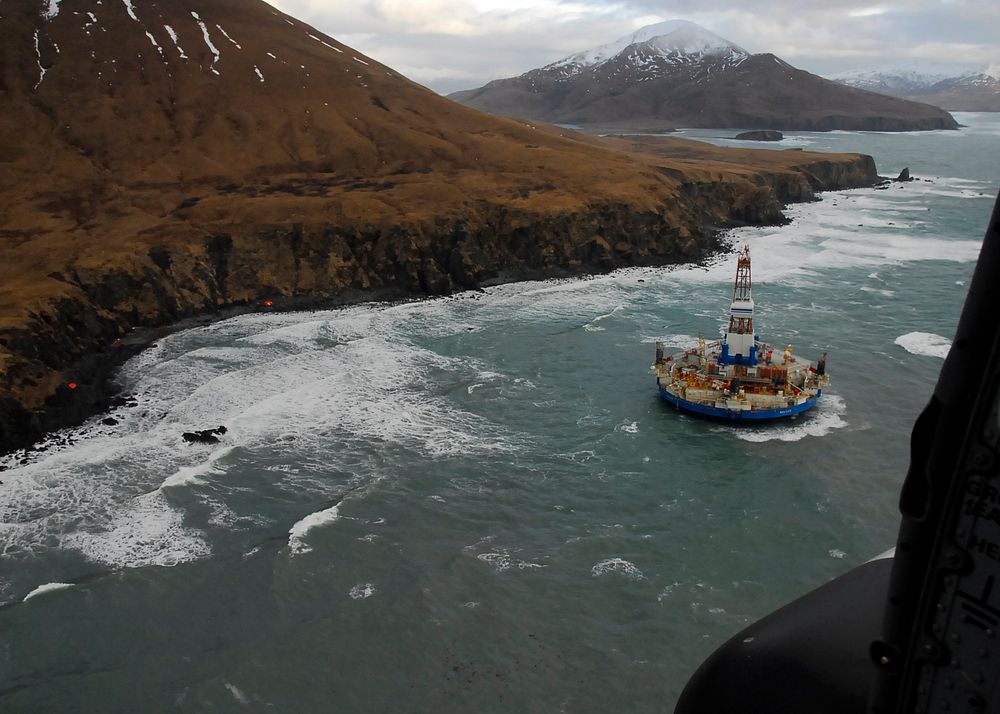 Two life rafts sit on the beach adjacent to Royal Dutch Shell's conical drilling unit Kulluk, 40 miles southwest of Kodiak…