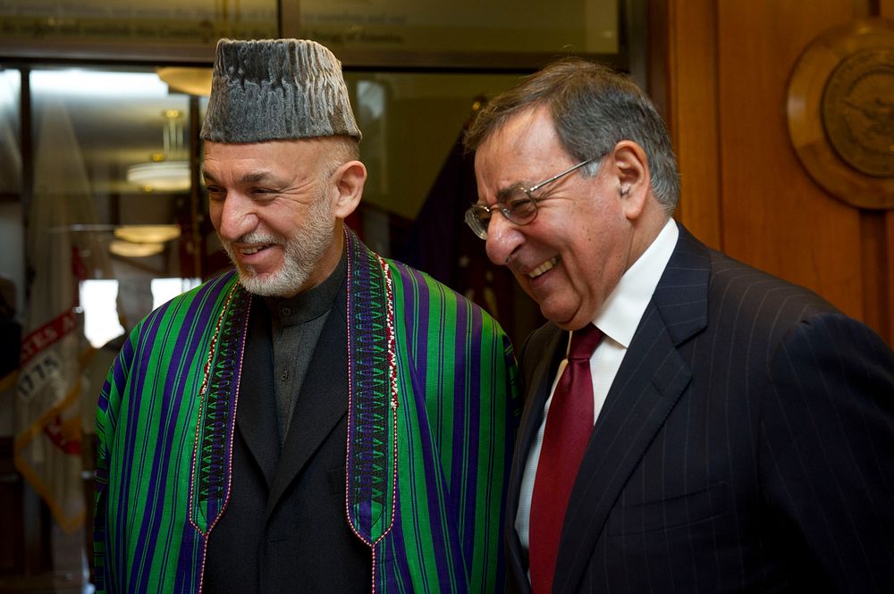 Secretary of Defense Leon E. Panetta, right, meets with Afghan President Hamid Karzai at the Pentagon in Arlington, Va.…