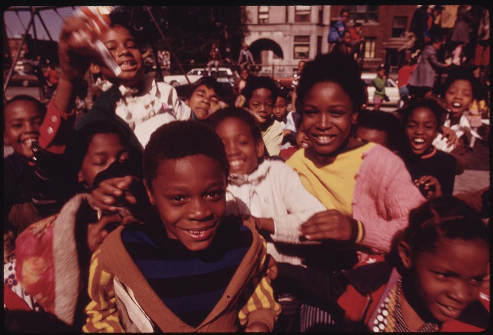 South Side Group Of Black Children In Chicago At A Playground At 40th And Drexel Boulevard, 10/1973. Photographer: White…