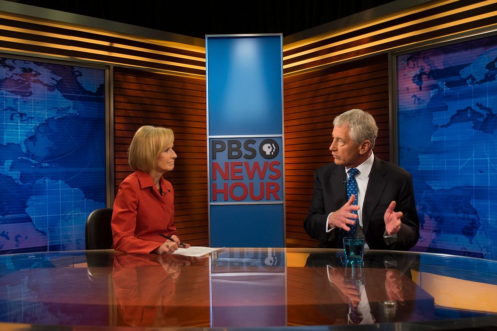 Secretary of Defense Chuck Hagel joins Judy Woodruff on the set of the PBS NewsHour in Arlington, Va., Sept. 18, 2013, to…