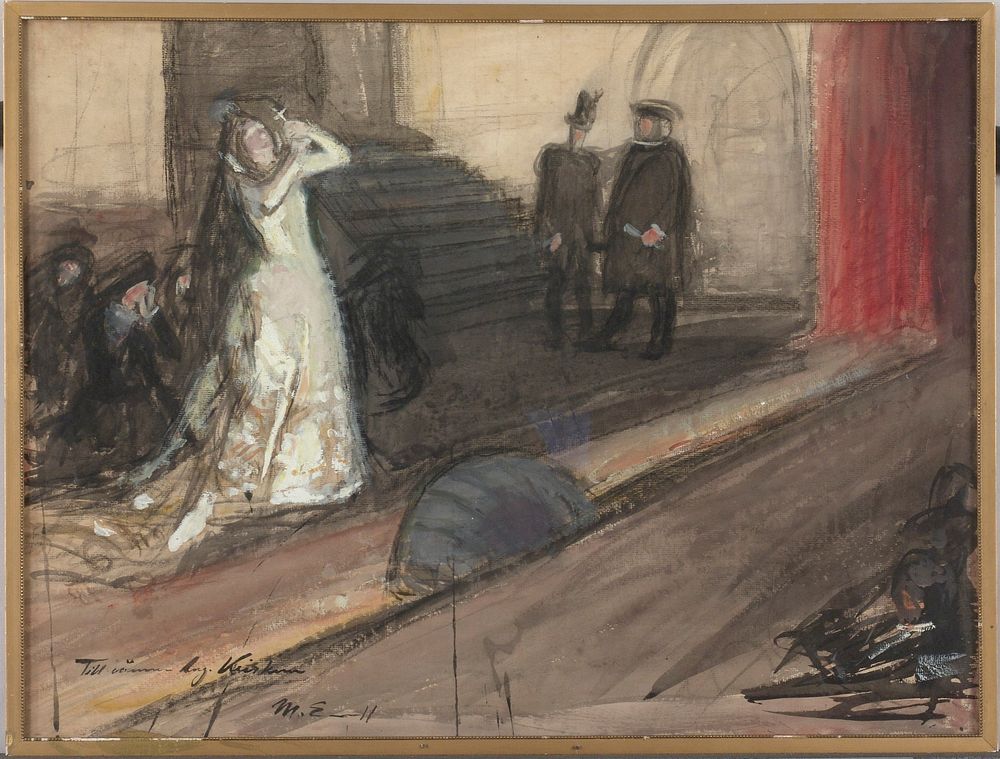 Theatre scene (ida aalberg as maria stuart), 1905, by Magnus Enckell