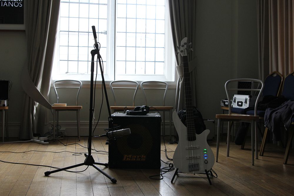 Music practice room, electric guitar. View public domain image source here