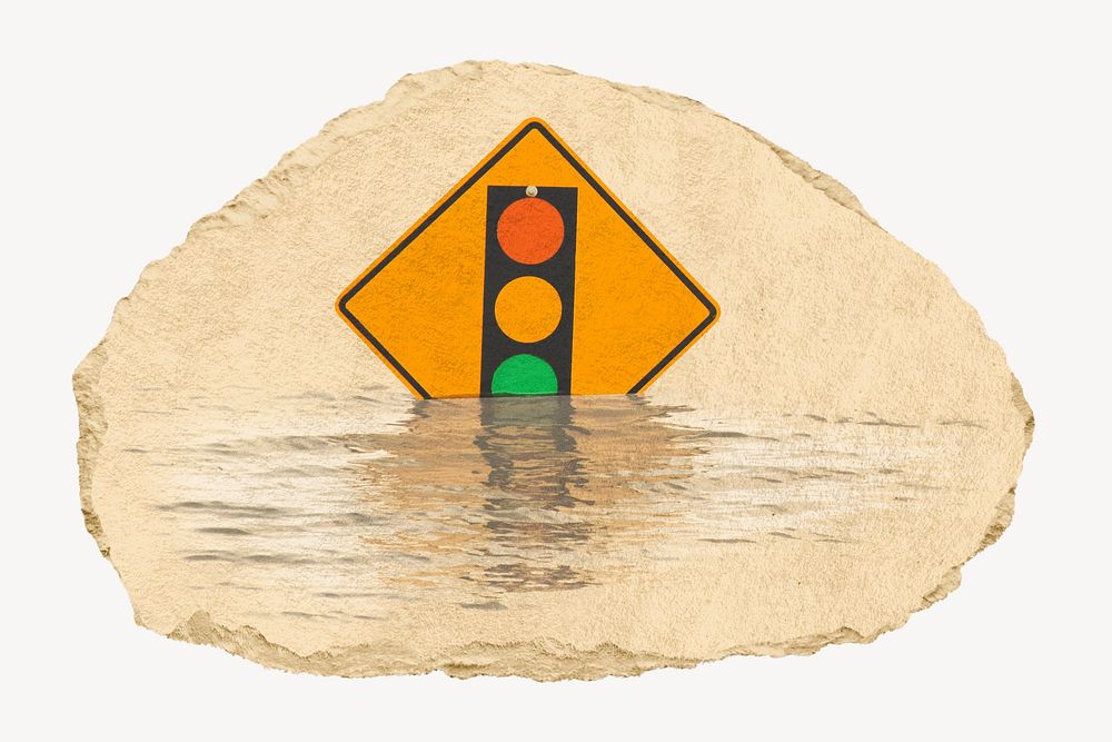 Traffic light sign in flood collage element psd