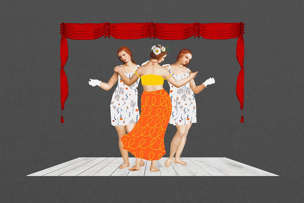 Raphael's Three Graces background, musical theatre collage, remixed by rawpixel