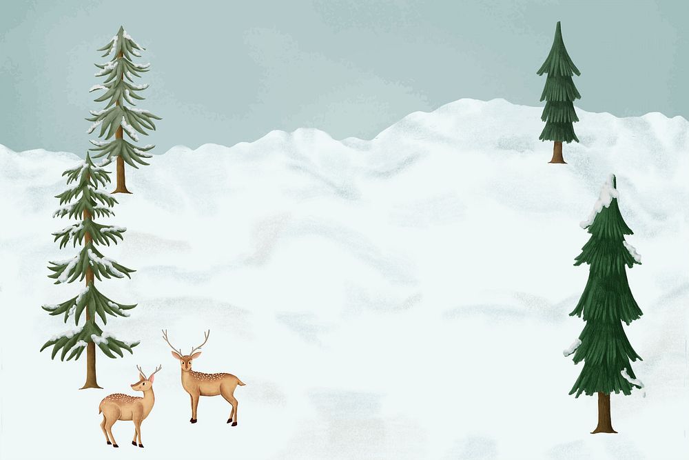 Cute Winter reindeers background, snow forest illustration