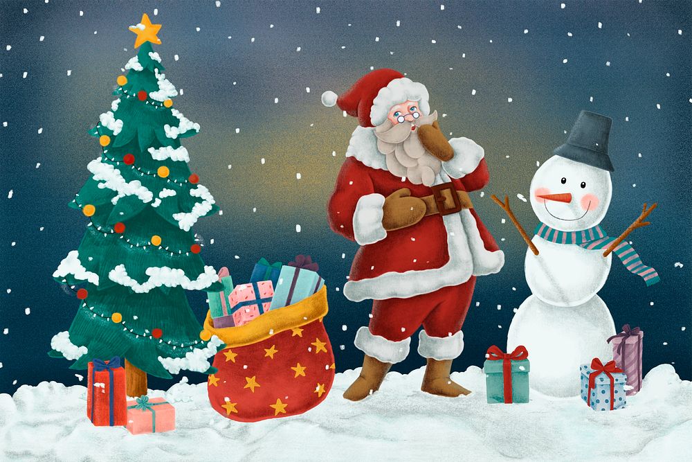 Festive Christmas celebration background, Santa, snowman illustration