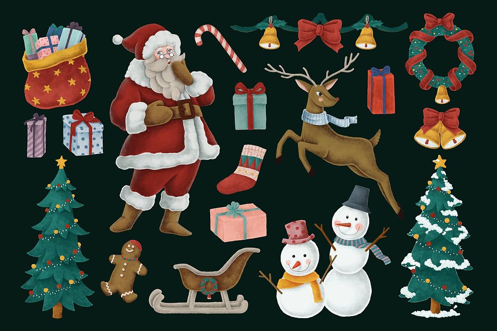 Festive Christmas celebration, cute collage element set  psd