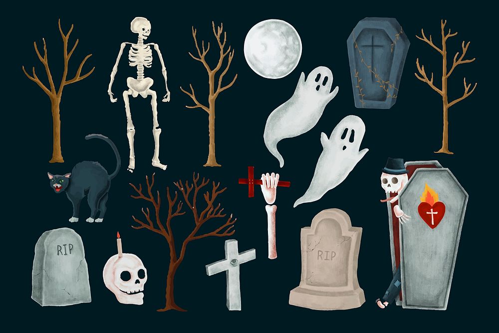 Spooky Halloween decoration, collage element set vector