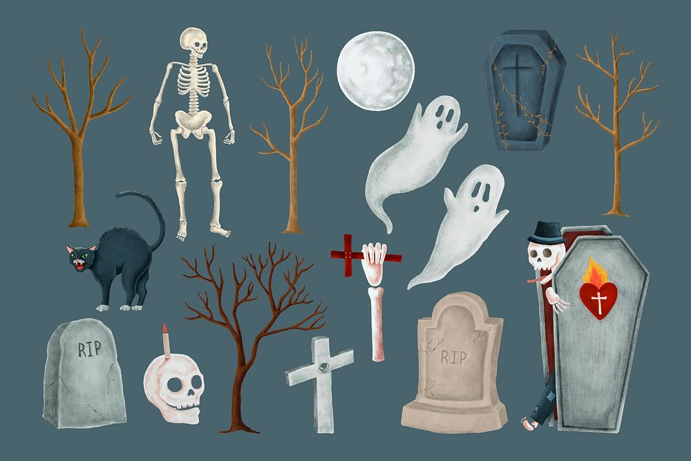 Spooky Halloween decoration, collage element set psd