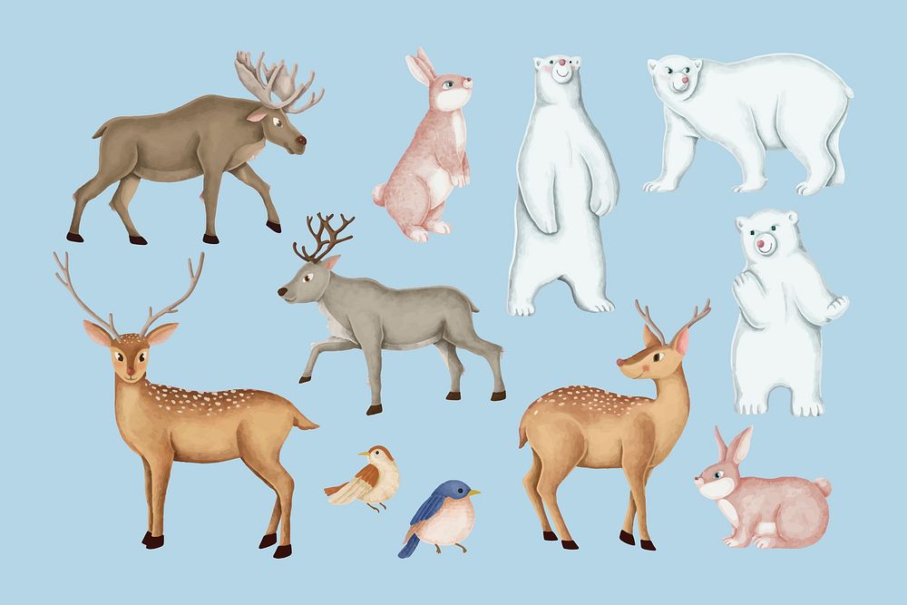 Christmas animals, cute polar bear, reindeer collage element set vector