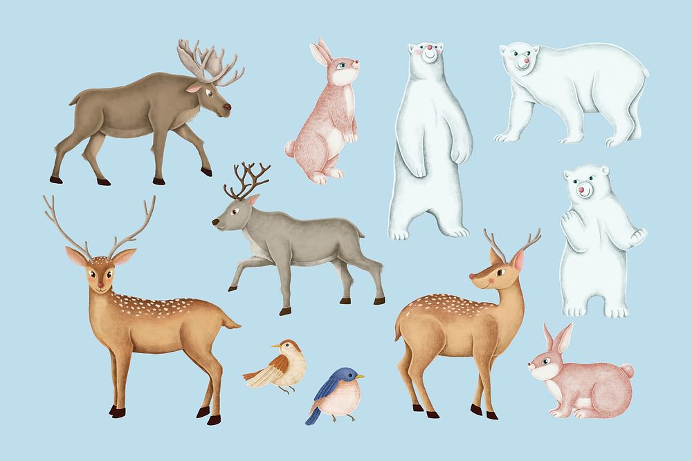 Christmas animals, cute polar bear, reindeer collage element set psd