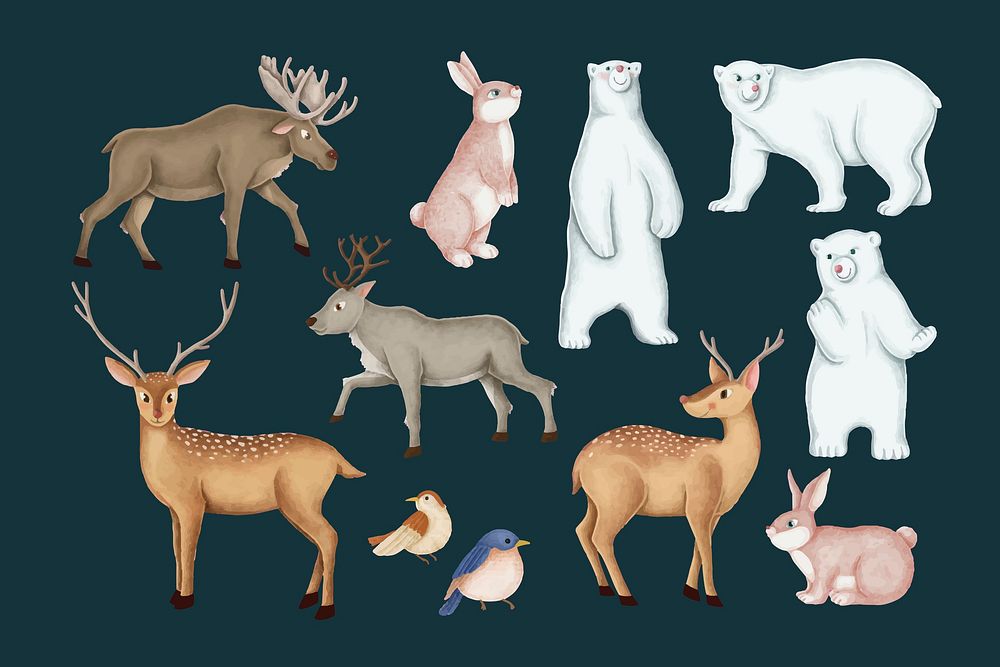 Christmas animals, cute polar bear, reindeer collage element set vector