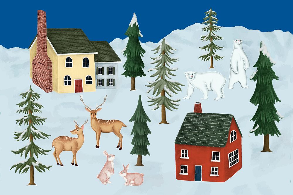 Christmas village, houses, cottages collage elements psd