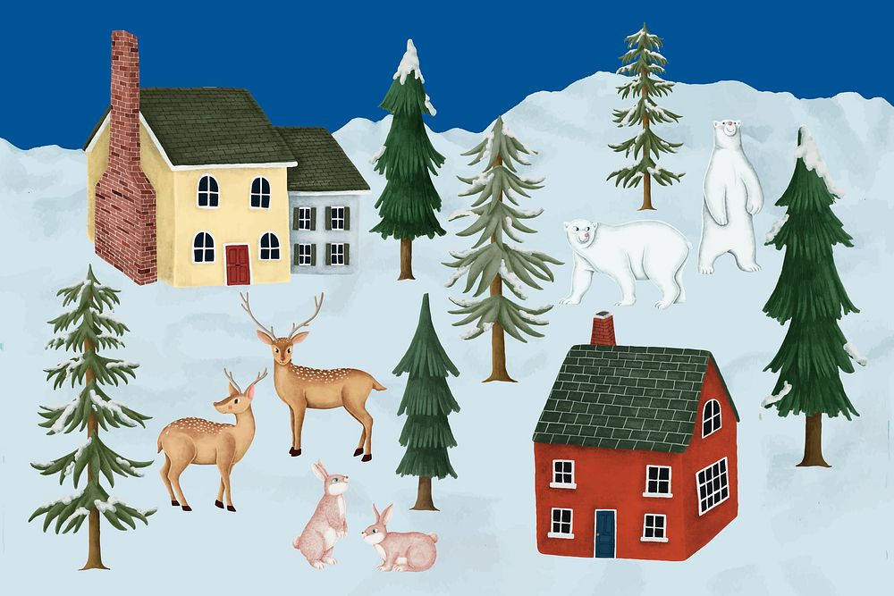 Christmas village, houses, cottages collage elements vector