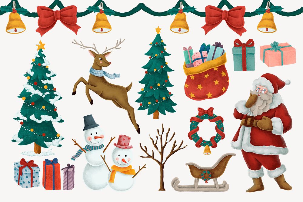 Cute Christmas celebration, festive collage element set vector