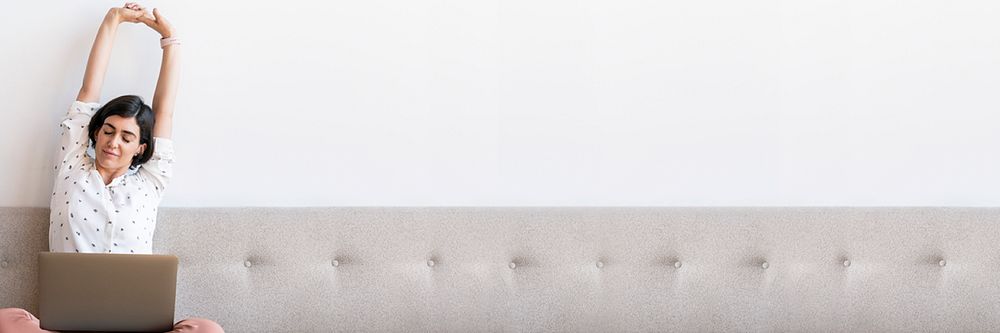 WFH woman email header background, stretching on sofa