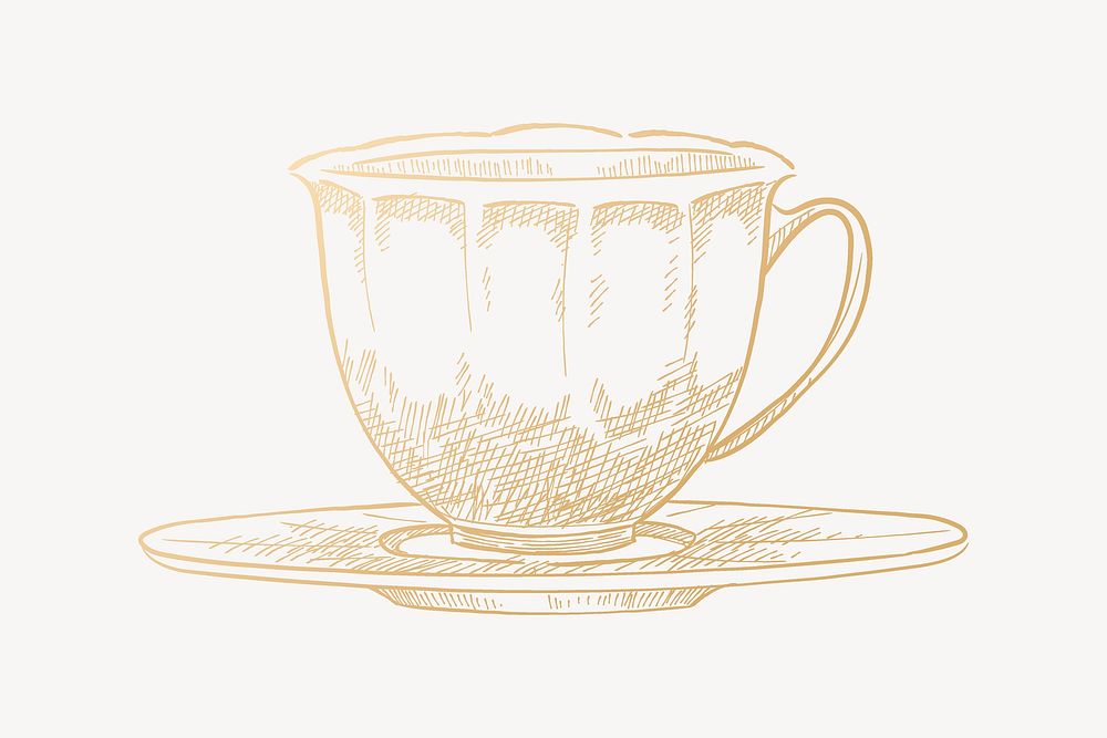 Golden tea cup collage element, drawing design vector