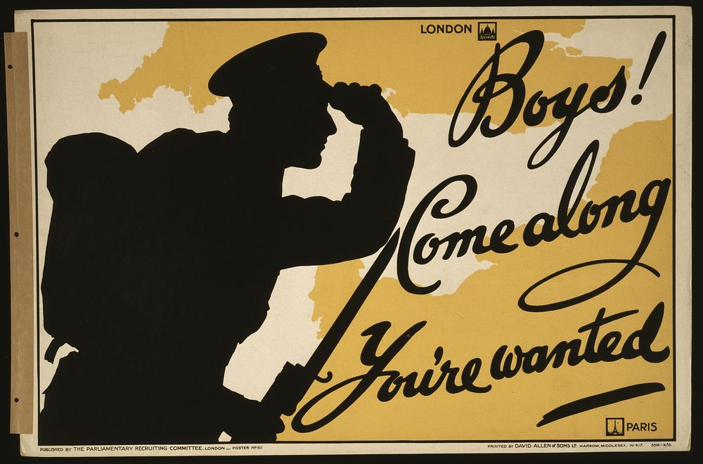 Boys! Come along, you're wanted  printed by David Allen & Sons Ld., Harrow, Middlesex.