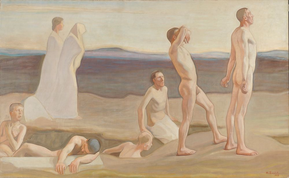 Resurrection, study for the left side of the altarpiece at tampere cathedral, 1907, by Magnus Enckell