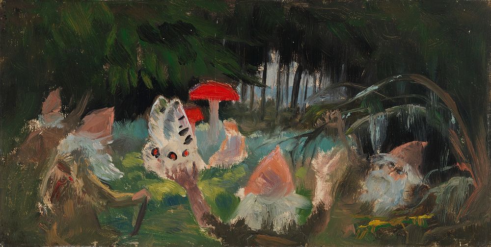 The princess and a butterfly underneath a fly agaric, sketch for the painitng farity tale princess, 1895 - 1896, by Thorsten…