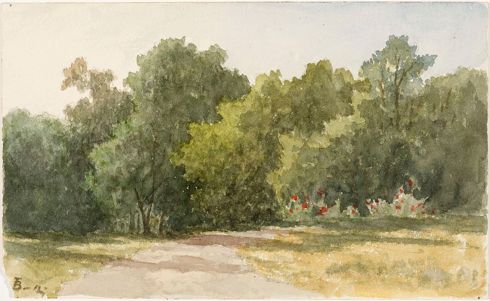 Parklandskap med lövträd samt sandgång i figur, 1826 - 1892, Lars Theodor Billing