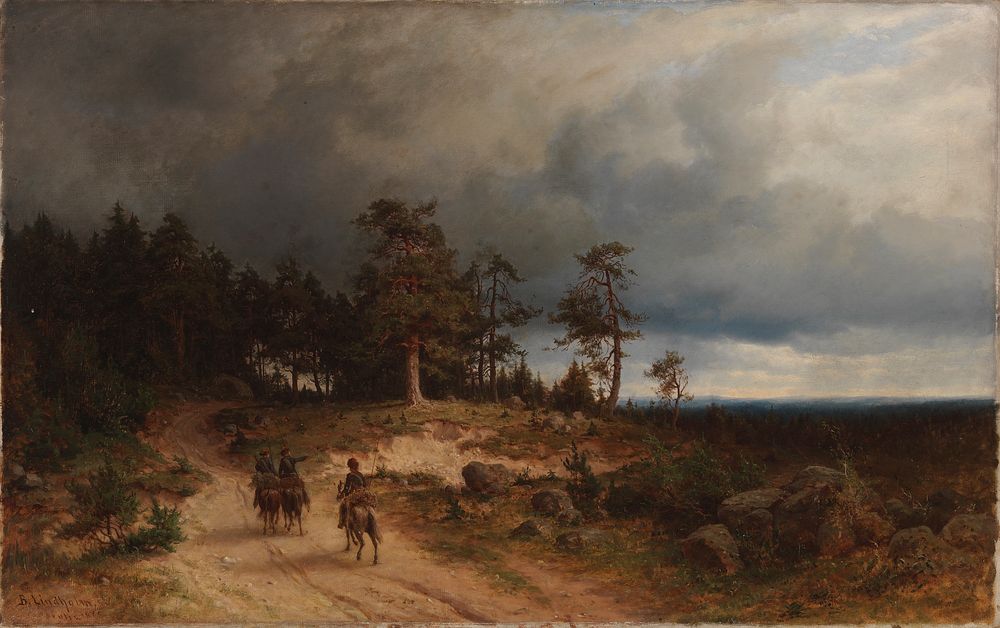 Landscape in eastern finland with mounted cossacks, 1866, Berndt Lindholm