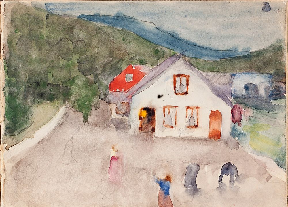 Talo, pihalla henkilöitä, 1900 - 1921part of a sketchbook, Maria Wiik
