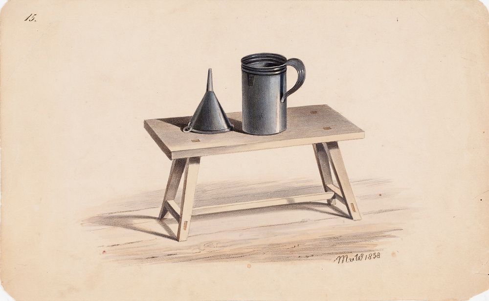 Funnel and measure on a stool, picture no. 15 in grunder i teckna och rita, 1838, Magnus von Wright