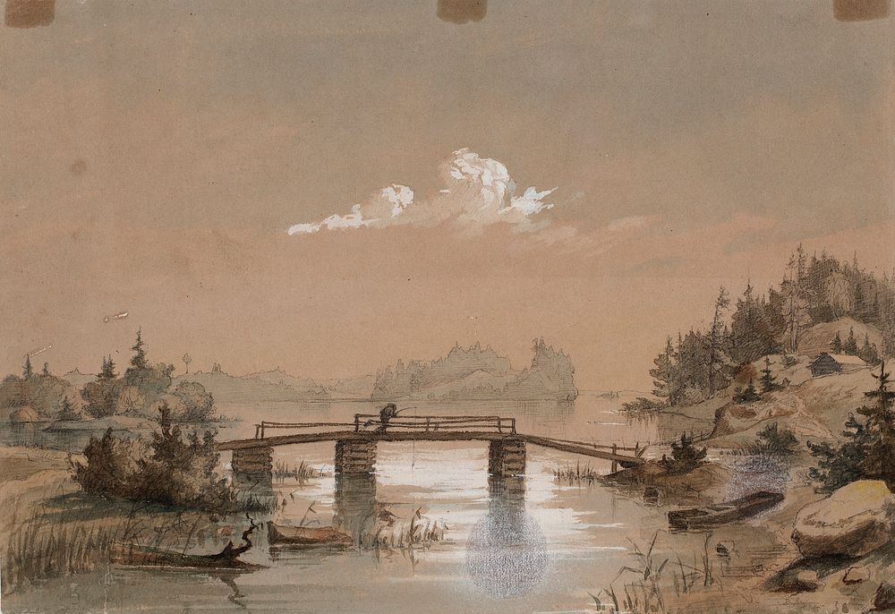 Lake landscape, man angling on a bridge, 1848 - 1860, Werner Holmberg