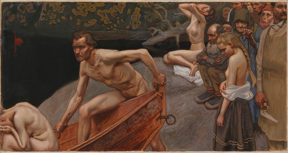 By the river of tuonela, study for the jusélius mausoleum frescoes, 1903, by Akseli Gallen-Kallela