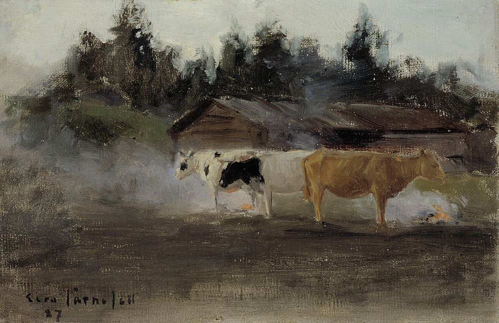 Cows in turf smoke, study, 1887, Eero Järnefelt