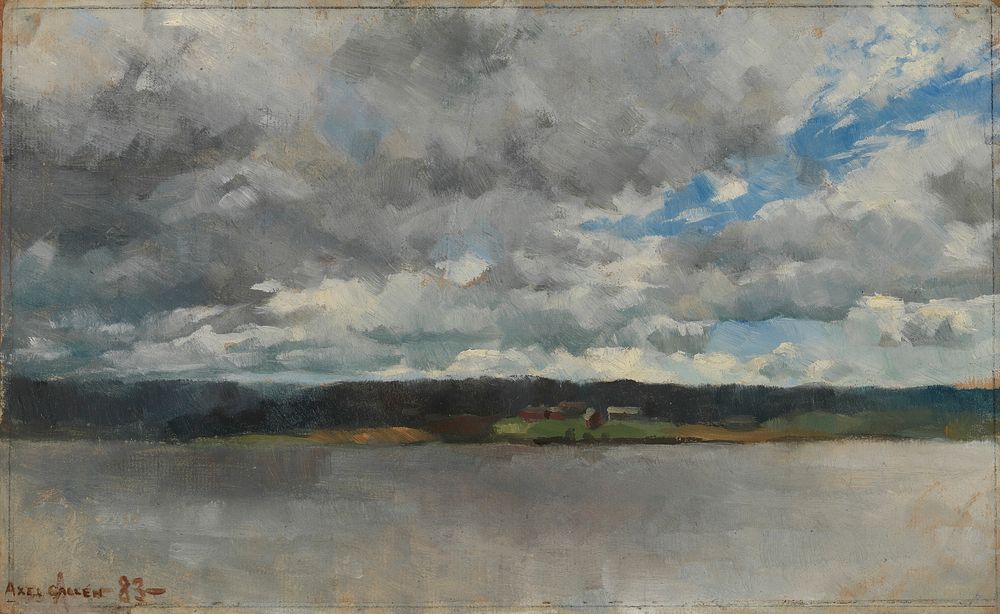 Rain clouds over a lake landscape (1883)  oil painting by Akseli Gallen-Kallela. 