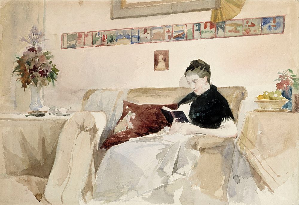 Artist’s wife reading on the sofa, by Albert Edelfelt