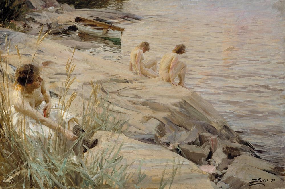 Girls bathing in the open air (out of doors) ; bathing girls, outside ; outdoors, 1890, Anders Zorn